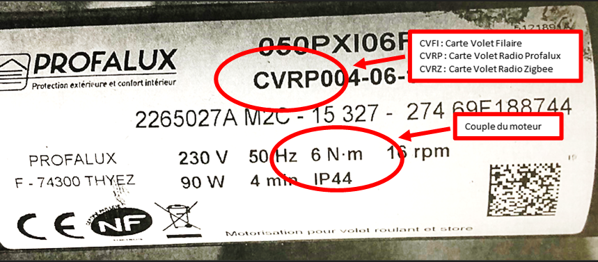 Fabrikantlabel van een Profalux rolluik met vermelding van het type motorisering