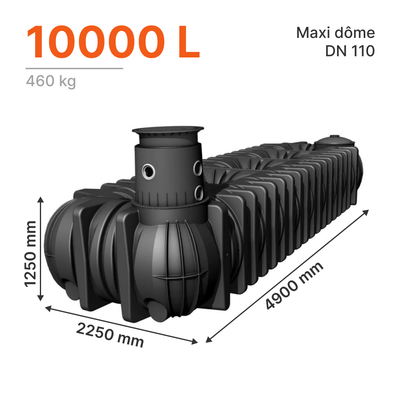 Cuve de stockage d'eau de pluie EXTRA PLATE à enterrer PLATINE XL de 10000L avec maxi dôme DN110 et accessoires
