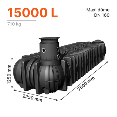 Cuve de stockage d'eau de pluie EXTRA PLATE à enterrer PLATINE XL de 15000L avec maxi dôme DN160 et accessoires