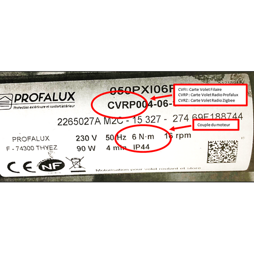 Manufacturer's label of a Profalux roller shutter indicating the type of motorization