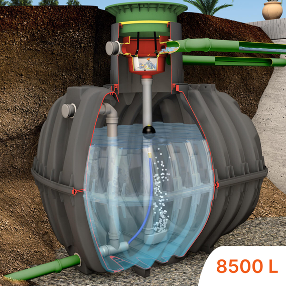 GRAF 8500L DN160 KARAT XL esővízgyűjtő tartály emelőszivattyú-csomaggal, Tartály térfogata: 8500L, Csatlakozás átmérője: DN 160