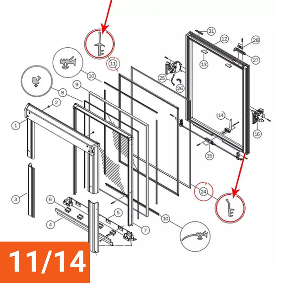 Jeu de joints de vantail  (pièce N° 11+24) pour fenêtre ROTO série 61x, 62x et 84x, Dimension de fenêtre: 11/14