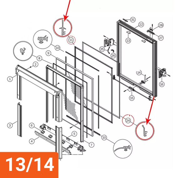 Jeu de joints de vantail  (pièce N° 11+24) pour fenêtre ROTO série 61x, 62x et 84x, Dimension de fenêtre: 13/14