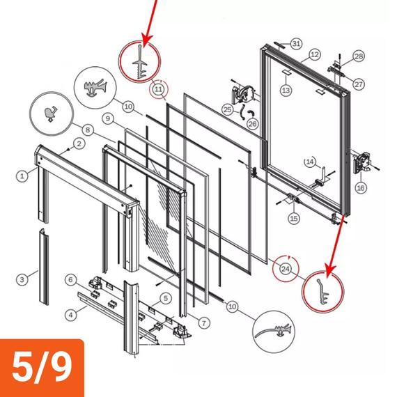 Jeu de joints de vantail  (pièce N° 11+24) pour fenêtre ROTO série 61x, 62x et 84x, Dimension de fenêtre: 5/9