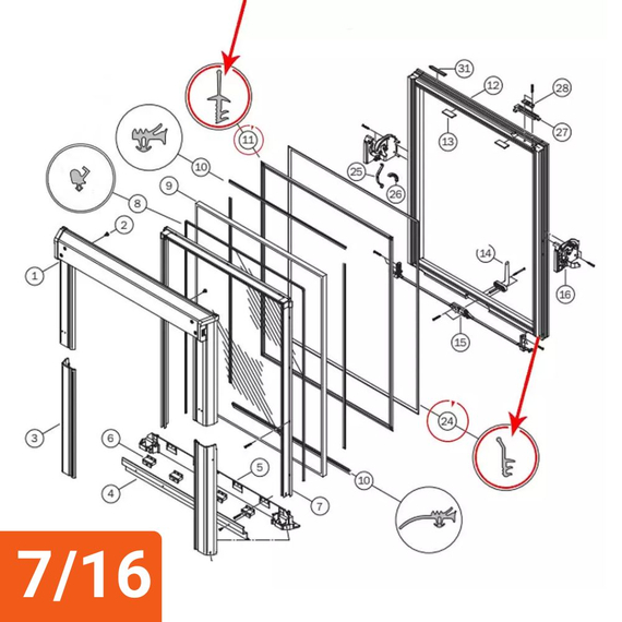 Jeu de joints de vantail  (pièce N° 11+24) pour fenêtre ROTO série 61x, 62x et 84x, Dimension de fenêtre: 7/16