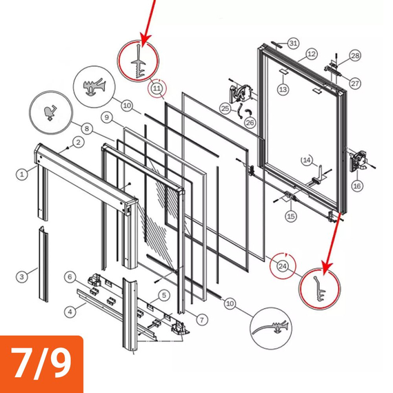 Jeu de joints de vantail  (pièce N° 11+24) pour fenêtre ROTO série 61x, 62x et 84x, Dimension de fenêtre: 7/9