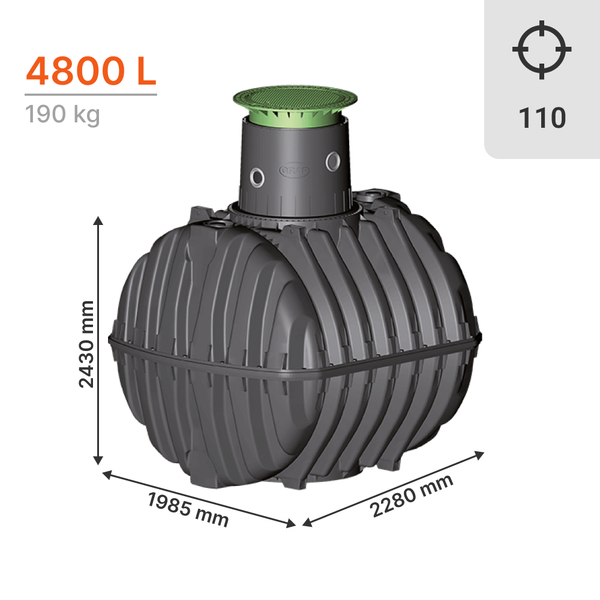 Tanque de retenção e uso de água da chuva de 4800L - CARAT - GRAF, Volume do tanque: 4.800L, Diâmetro de conexão: DN 110
