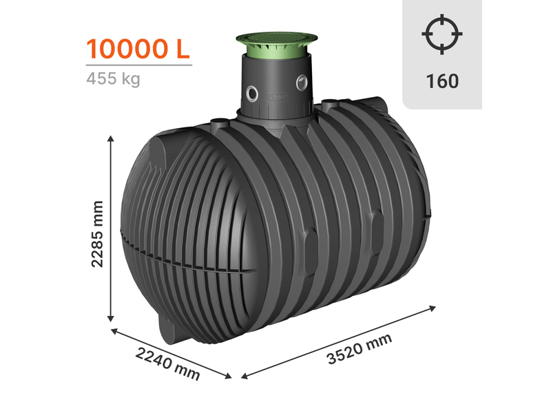 Cuve de stockage d'eau de pluie à enterrer CARAT XL de 10000L DN160 et accessoires à configurer. Gamme pro garantie 30 ans