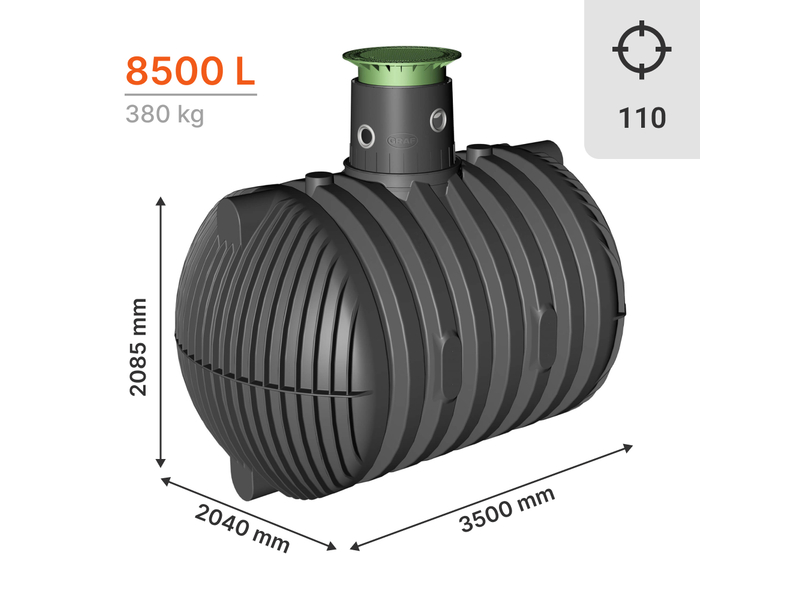 Cuve de stockage d'eau de pluie à enterrer CARAT XL de 8500L DN110 et accessoires à configurer. Gamme pro garantie 30 ans