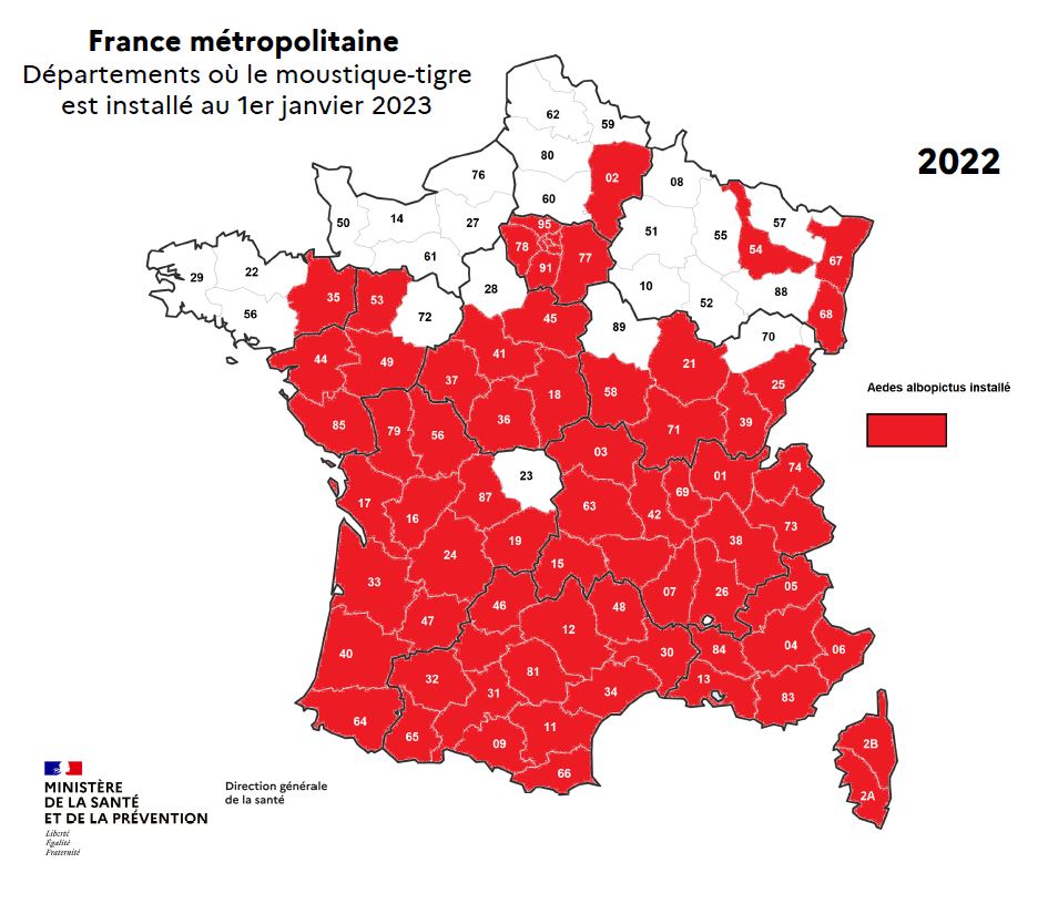 Mapa Francie přítomnosti komára tygřího 1. ledna 2023