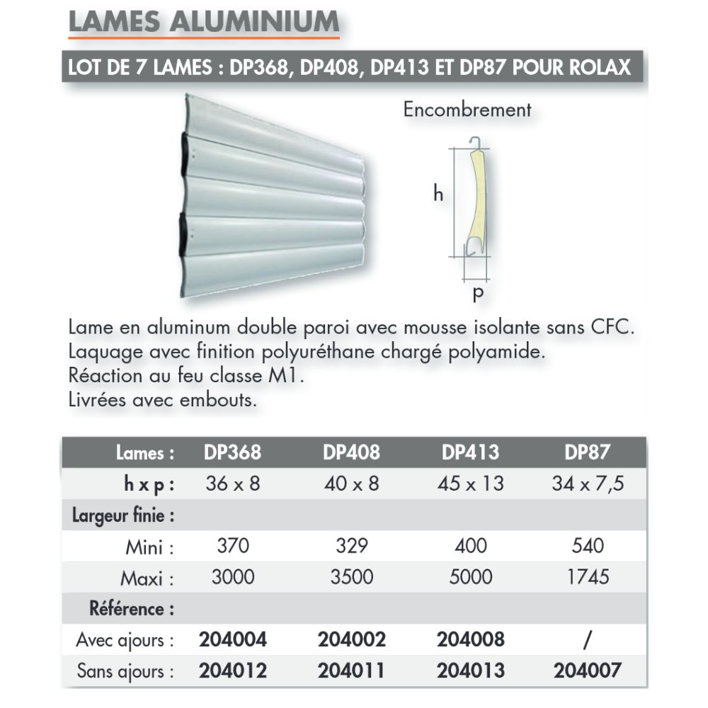 caractéristiques des lots de 7 lames en aluminium Bubendorff