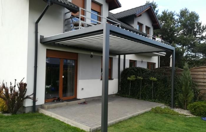attached pergola with gray blade