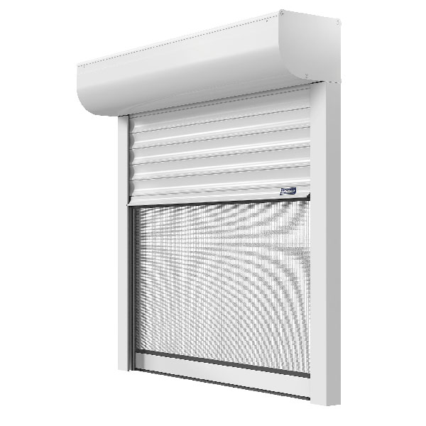Persiana de enrolar Visio com energia solar, tela mosquiteira e painel de controle remoto.